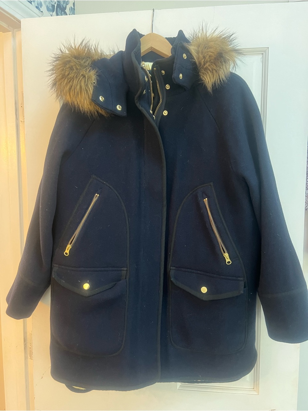 JCrew navy hooded stadium coat w fur trim, gold accents and gold quilted lining